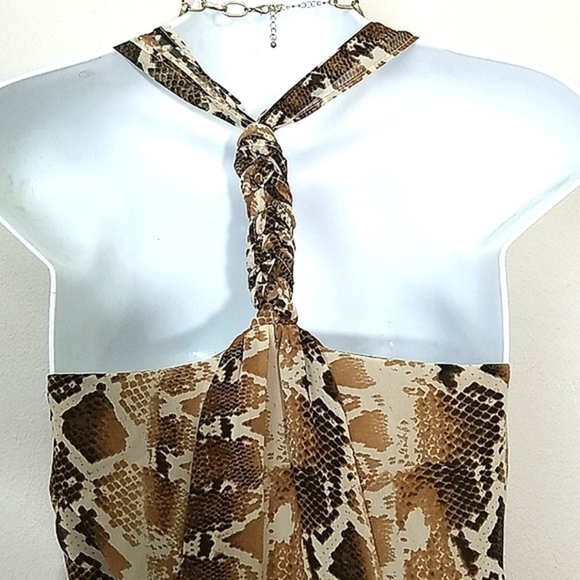 Sundress belted Python snake print lined chiffon high low Brown Tan Cream XS - Picture 9 of 13
